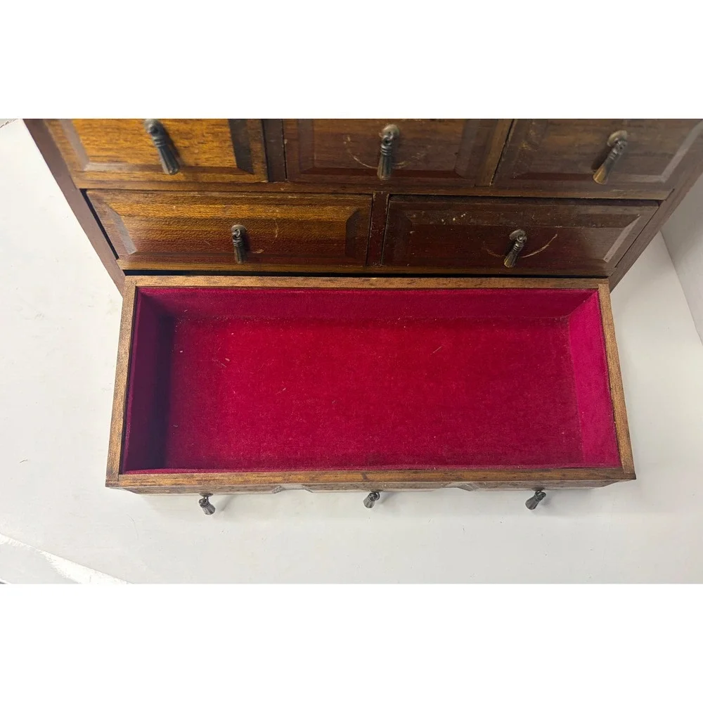 Vtg Wood Jewelry Project Box Miniature Dresser Chest 6 Drawer Red Velvet Lined